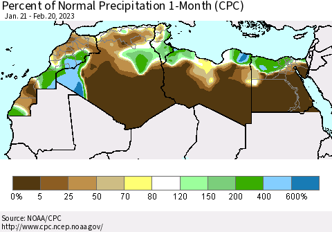 North Africa Percent of Normal Precipitation 1-Month (CPC) Thematic Map For 1/21/2023 - 2/20/2023