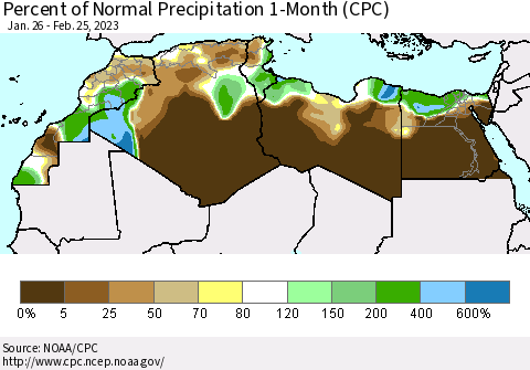 North Africa Percent of Normal Precipitation 1-Month (CPC) Thematic Map For 1/26/2023 - 2/25/2023