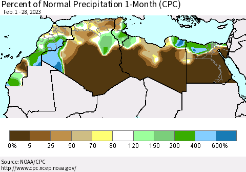 North Africa Percent of Normal Precipitation 1-Month (CPC) Thematic Map For 2/1/2023 - 2/28/2023