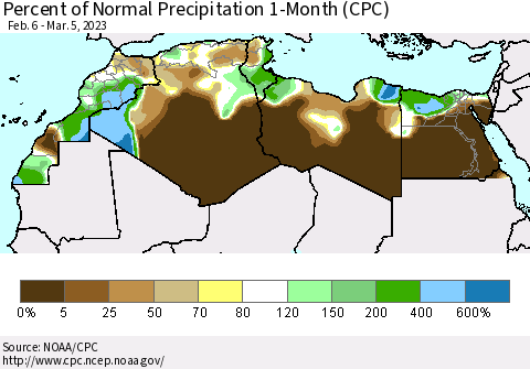 North Africa Percent of Normal Precipitation 1-Month (CPC) Thematic Map For 2/6/2023 - 3/5/2023