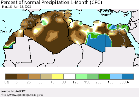 North Africa Percent of Normal Precipitation 1-Month (CPC) Thematic Map For 3/16/2023 - 4/15/2023