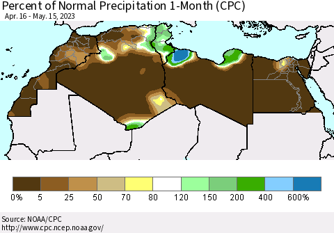 North Africa Percent of Normal Precipitation 1-Month (CPC) Thematic Map For 4/16/2023 - 5/15/2023
