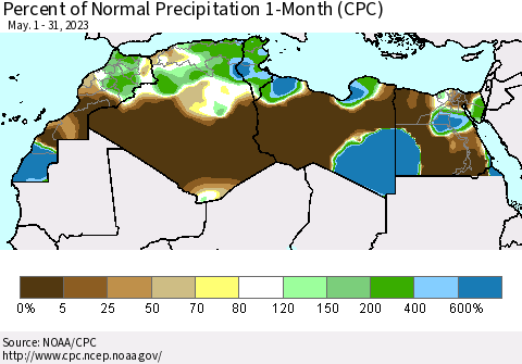 North Africa Percent of Normal Precipitation 1-Month (CPC) Thematic Map For 5/1/2023 - 5/31/2023