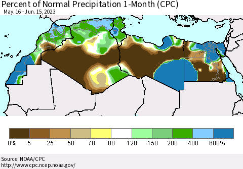 North Africa Percent of Normal Precipitation 1-Month (CPC) Thematic Map For 5/16/2023 - 6/15/2023