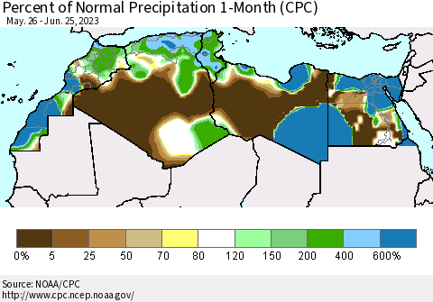 North Africa Percent of Normal Precipitation 1-Month (CPC) Thematic Map For 5/26/2023 - 6/25/2023