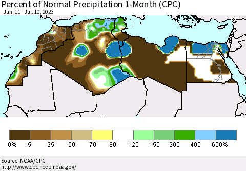 North Africa Percent of Normal Precipitation 1-Month (CPC) Thematic Map For 6/11/2023 - 7/10/2023