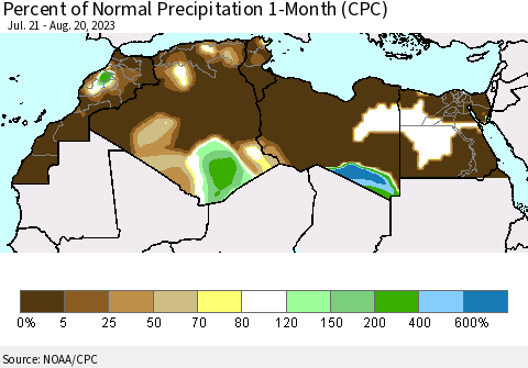 North Africa Percent of Normal Precipitation 1-Month (CPC) Thematic Map For 7/21/2023 - 8/20/2023