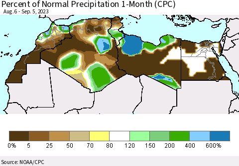North Africa Percent of Normal Precipitation 1-Month (CPC) Thematic Map For 8/6/2023 - 9/5/2023