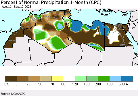 North Africa Percent of Normal Precipitation 1-Month (CPC) Thematic Map For 8/11/2023 - 9/10/2023