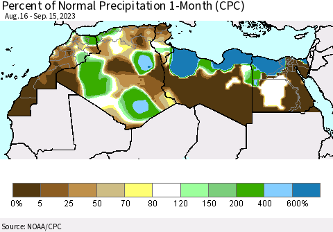 North Africa Percent of Normal Precipitation 1-Month (CPC) Thematic Map For 8/16/2023 - 9/15/2023