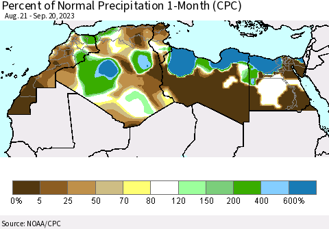 North Africa Percent of Normal Precipitation 1-Month (CPC) Thematic Map For 8/21/2023 - 9/20/2023