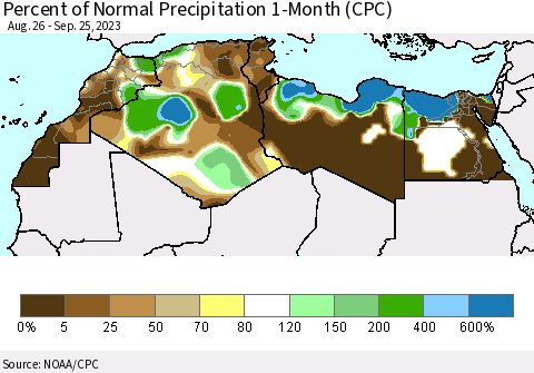 North Africa Percent of Normal Precipitation 1-Month (CPC) Thematic Map For 8/26/2023 - 9/25/2023