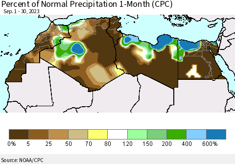 North Africa Percent of Normal Precipitation 1-Month (CPC) Thematic Map For 9/1/2023 - 9/30/2023