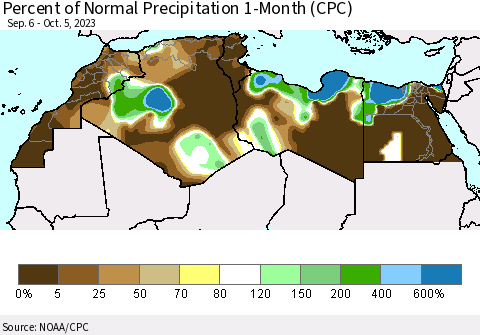 North Africa Percent of Normal Precipitation 1-Month (CPC) Thematic Map For 9/6/2023 - 10/5/2023
