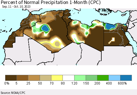 North Africa Percent of Normal Precipitation 1-Month (CPC) Thematic Map For 9/11/2023 - 10/10/2023