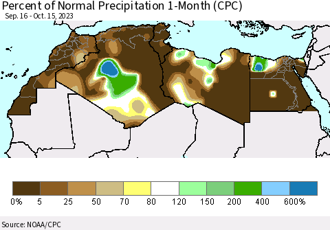 North Africa Percent of Normal Precipitation 1-Month (CPC) Thematic Map For 9/16/2023 - 10/15/2023