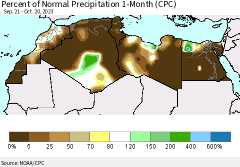 North Africa Percent of Normal Precipitation 1-Month (CPC) Thematic Map For 9/21/2023 - 10/20/2023
