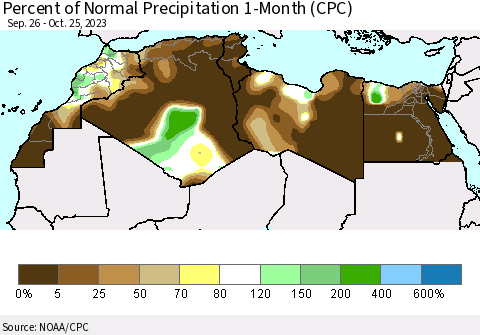 North Africa Percent of Normal Precipitation 1-Month (CPC) Thematic Map For 9/26/2023 - 10/25/2023