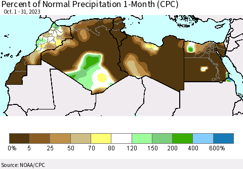 North Africa Percent of Normal Precipitation 1-Month (CPC) Thematic Map For 10/1/2023 - 10/31/2023