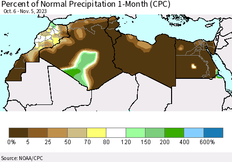 North Africa Percent of Normal Precipitation 1-Month (CPC) Thematic Map For 10/6/2023 - 11/5/2023