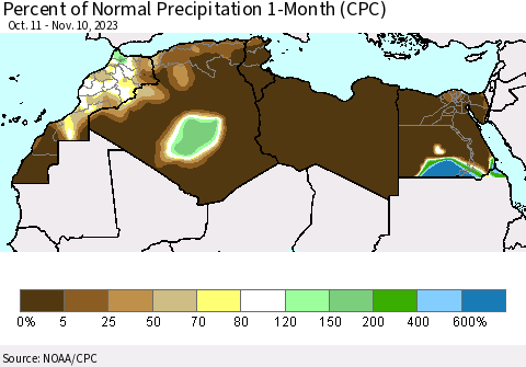 North Africa Percent of Normal Precipitation 1-Month (CPC) Thematic Map For 10/11/2023 - 11/10/2023