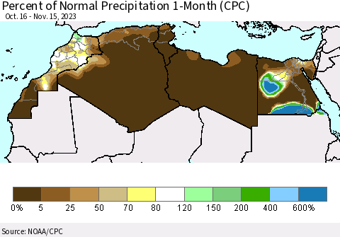North Africa Percent of Normal Precipitation 1-Month (CPC) Thematic Map For 10/16/2023 - 11/15/2023