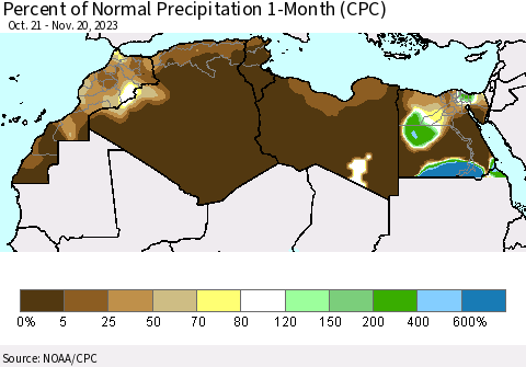 North Africa Percent of Normal Precipitation 1-Month (CPC) Thematic Map For 10/21/2023 - 11/20/2023