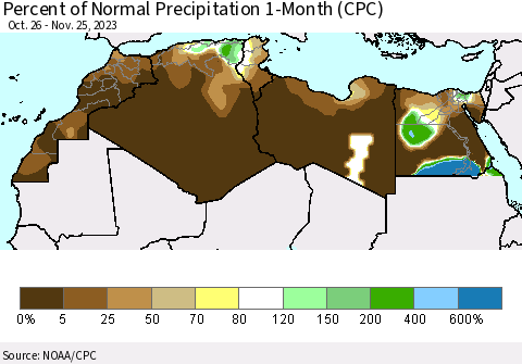 North Africa Percent of Normal Precipitation 1-Month (CPC) Thematic Map For 10/26/2023 - 11/25/2023