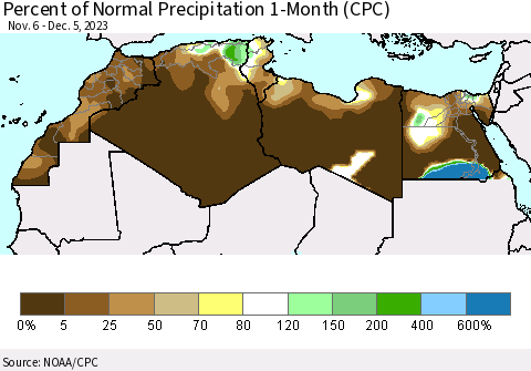 North Africa Percent of Normal Precipitation 1-Month (CPC) Thematic Map For 11/6/2023 - 12/5/2023