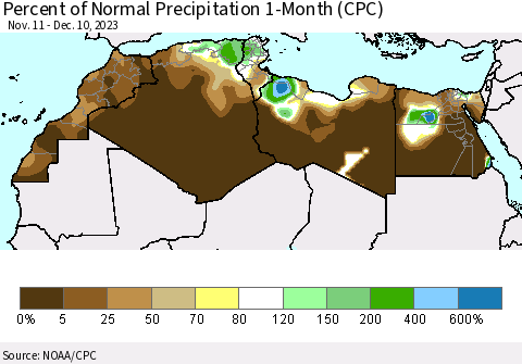 North Africa Percent of Normal Precipitation 1-Month (CPC) Thematic Map For 11/11/2023 - 12/10/2023