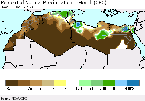 North Africa Percent of Normal Precipitation 1-Month (CPC) Thematic Map For 11/16/2023 - 12/15/2023