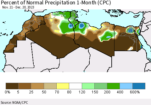 North Africa Percent of Normal Precipitation 1-Month (CPC) Thematic Map For 11/21/2023 - 12/20/2023
