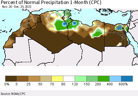 North Africa Percent of Normal Precipitation 1-Month (CPC) Thematic Map For 11/26/2023 - 12/25/2023
