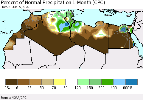 North Africa Percent of Normal Precipitation 1-Month (CPC) Thematic Map For 12/6/2023 - 1/5/2024