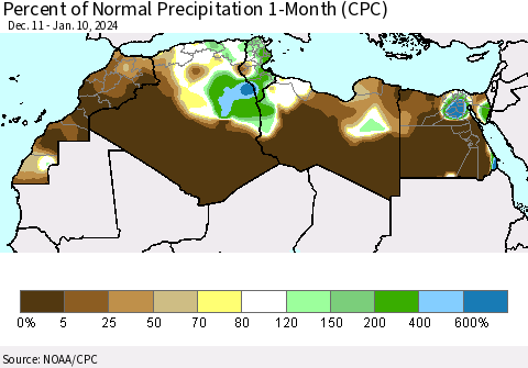 North Africa Percent of Normal Precipitation 1-Month (CPC) Thematic Map For 12/11/2023 - 1/10/2024