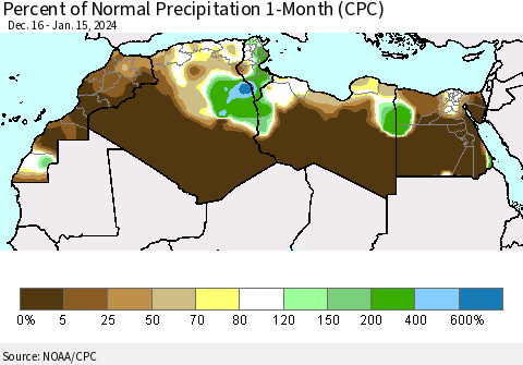 North Africa Percent of Normal Precipitation 1-Month (CPC) Thematic Map For 12/16/2023 - 1/15/2024