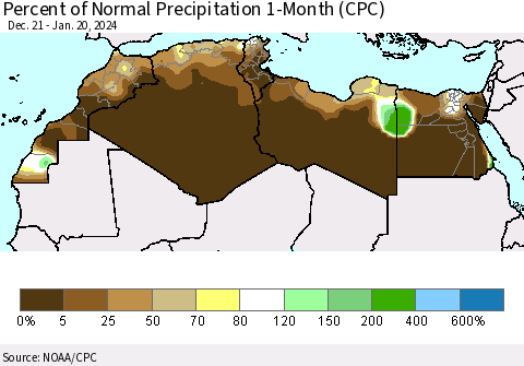 North Africa Percent of Normal Precipitation 1-Month (CPC) Thematic Map For 12/21/2023 - 1/20/2024