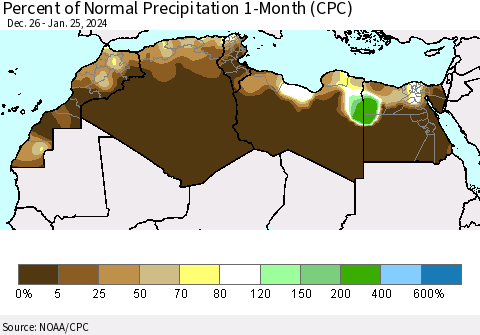 North Africa Percent of Normal Precipitation 1-Month (CPC) Thematic Map For 12/26/2023 - 1/25/2024