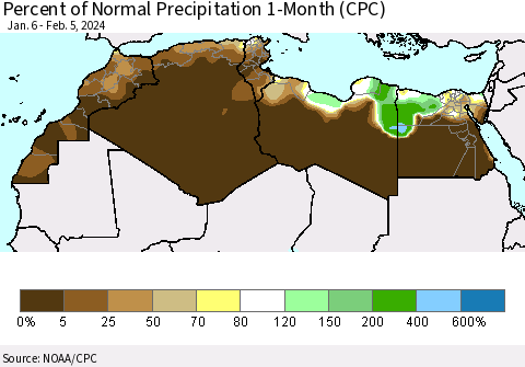 North Africa Percent of Normal Precipitation 1-Month (CPC) Thematic Map For 1/6/2024 - 2/5/2024