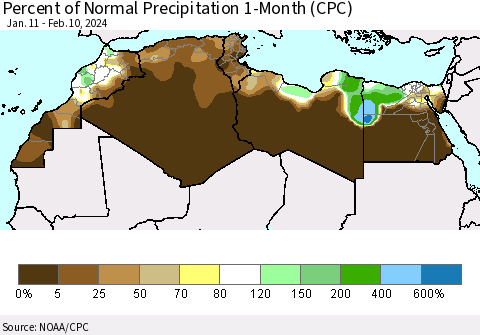 North Africa Percent of Normal Precipitation 1-Month (CPC) Thematic Map For 1/11/2024 - 2/10/2024