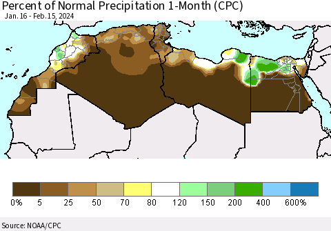 North Africa Percent of Normal Precipitation 1-Month (CPC) Thematic Map For 1/16/2024 - 2/15/2024