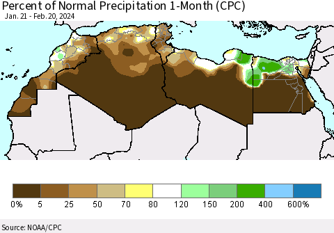 North Africa Percent of Normal Precipitation 1-Month (CPC) Thematic Map For 1/21/2024 - 2/20/2024