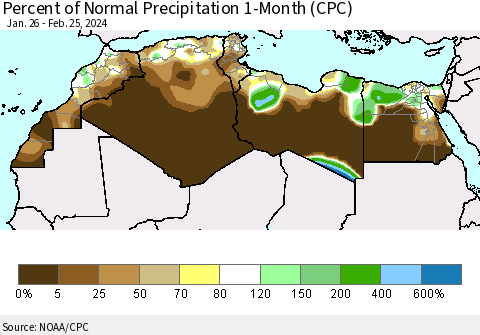 North Africa Percent of Normal Precipitation 1-Month (CPC) Thematic Map For 1/26/2024 - 2/25/2024