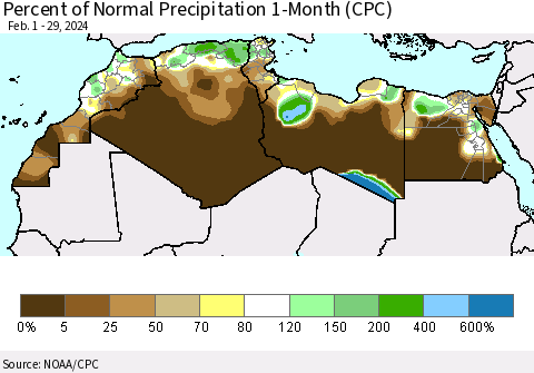 North Africa Percent of Normal Precipitation 1-Month (CPC) Thematic Map For 2/1/2024 - 2/29/2024