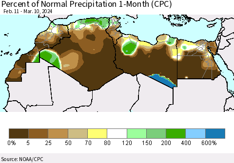 North Africa Percent of Normal Precipitation 1-Month (CPC) Thematic Map For 2/11/2024 - 3/10/2024