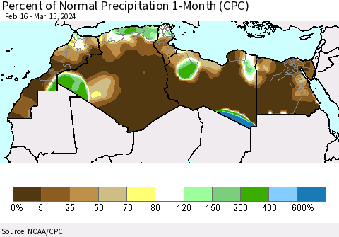 North Africa Percent of Normal Precipitation 1-Month (CPC) Thematic Map For 2/16/2024 - 3/15/2024