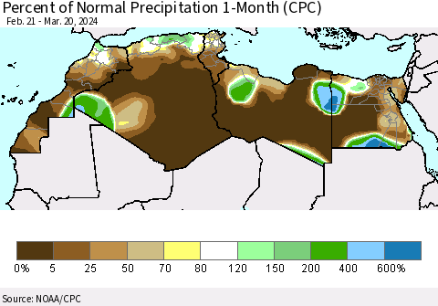 North Africa Percent of Normal Precipitation 1-Month (CPC) Thematic Map For 2/21/2024 - 3/20/2024