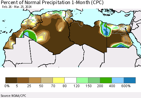 North Africa Percent of Normal Precipitation 1-Month (CPC) Thematic Map For 2/26/2024 - 3/25/2024