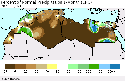 North Africa Percent of Normal Precipitation 1-Month (CPC) Thematic Map For 3/1/2024 - 3/31/2024