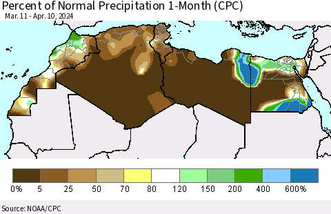 North Africa Percent of Normal Precipitation 1-Month (CPC) Thematic Map For 3/11/2024 - 4/10/2024